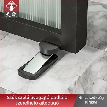 Rozsdamentes acél mágneses ajtóstop, üvegajtóhoz keskeny kerettel, padlóra szerelve, fürdőszobai ütésvédelmi megoldás