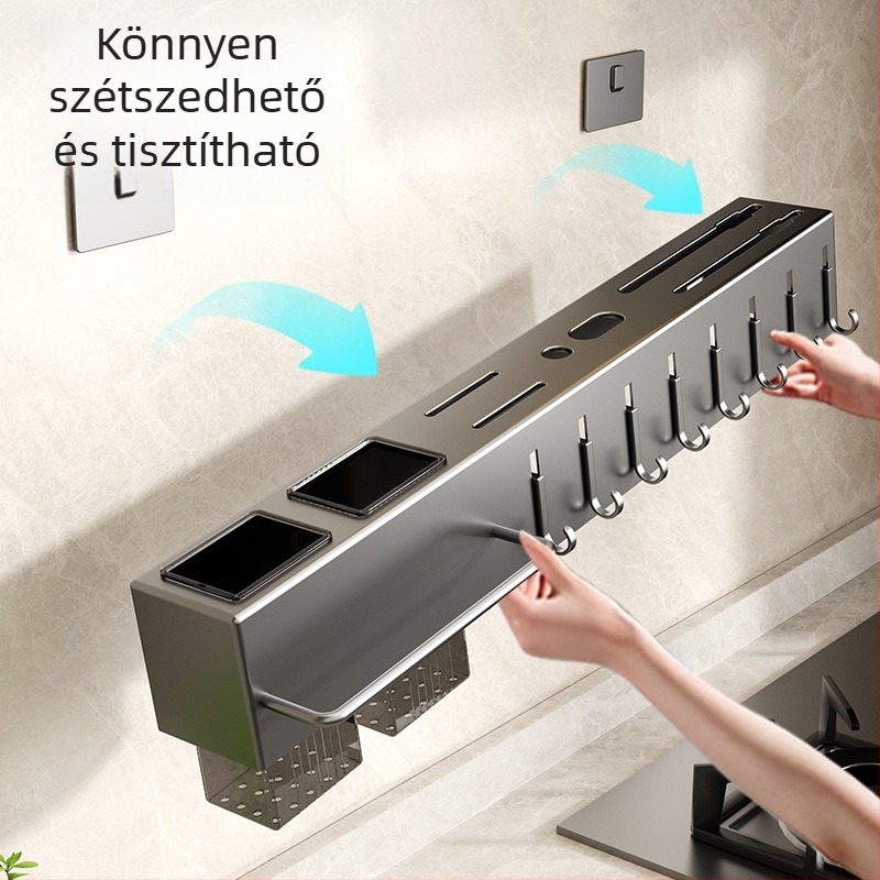 Rozsdamentes acél falra szerelhető konyhai tároló, integrált kés tartóval és pálcikák tárolóval
