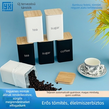 Bambusz fedéllel zárt négyzet alakú fémdoboz cukorkákhoz és otthoni tároláshoz