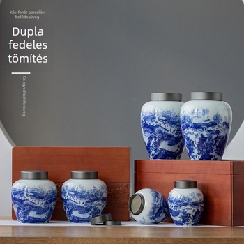 Jingdezhen kék-fehér kerámia teás doboz dupla tetővel – Antik Qingming Riverside jelenet, zárható tea tároló