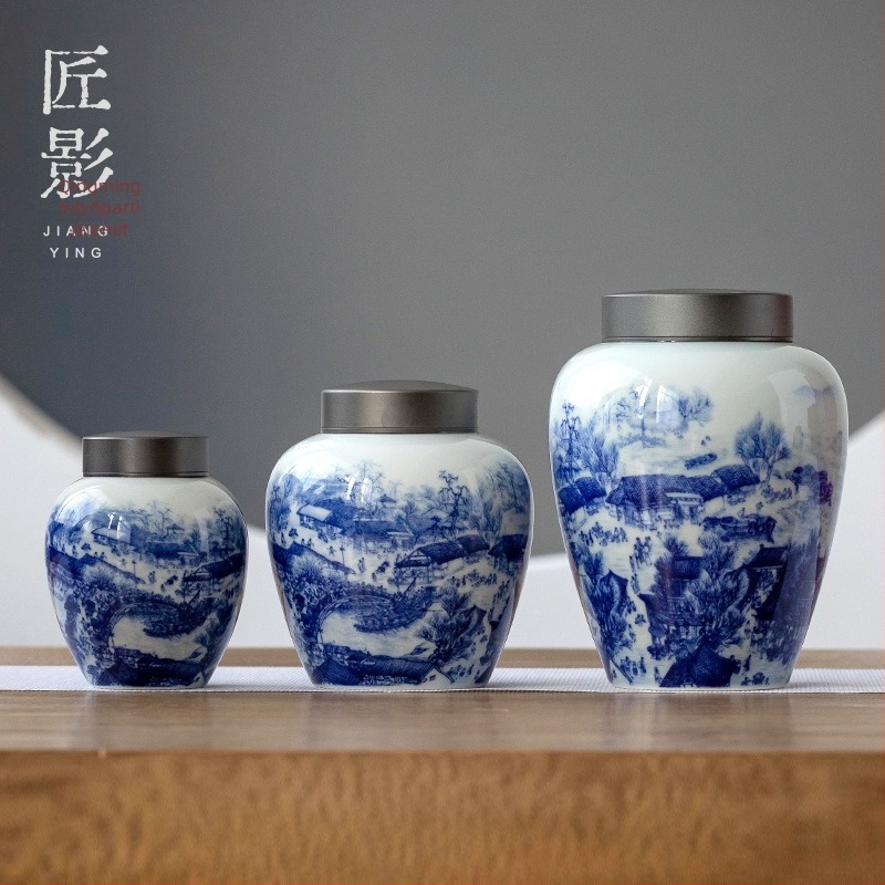 Jingdezhen kék-fehér kerámia teás doboz dupla tetővel – Antik Qingming Riverside jelenet, zárható tea tároló