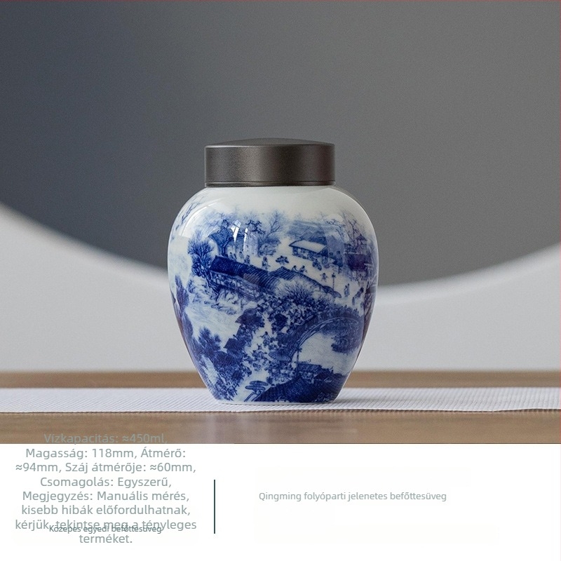 Jingdezhen kék-fehér kerámia teás doboz dupla tetővel – Antik Qingming Riverside jelenet, zárható tea tároló