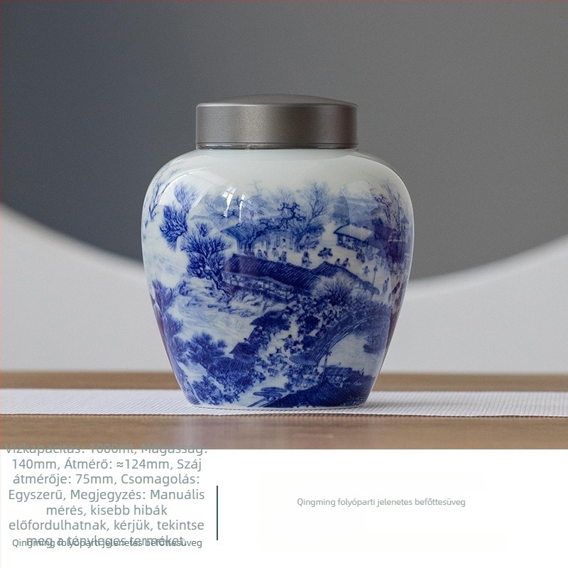 Jingdezhen kék-fehér kerámia teás doboz dupla tetővel – Antik Qingming Riverside jelenet, zárható tea tároló