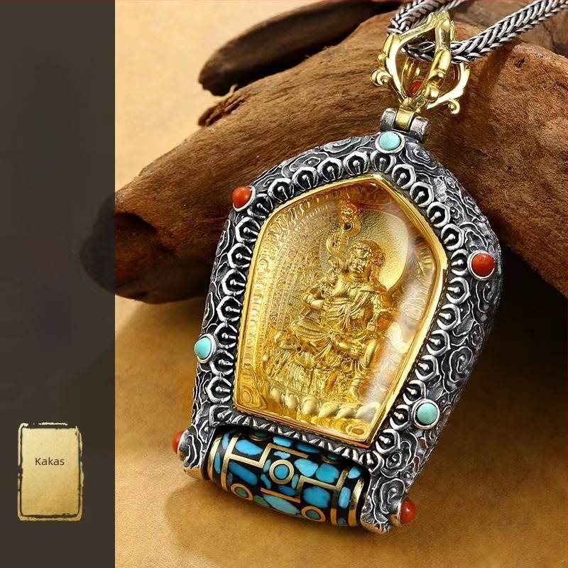 Dzi gyöngy medál ezerkarú Avalokiteshvara és a sárga vagyonisten tibeti thangka nyaklánc