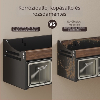 Diófa konyhai falra szerelhető polc fűszerekhez, többfunkciós tárolóállvány, fúrás nélkül, levehető és könnyen tisztítható
