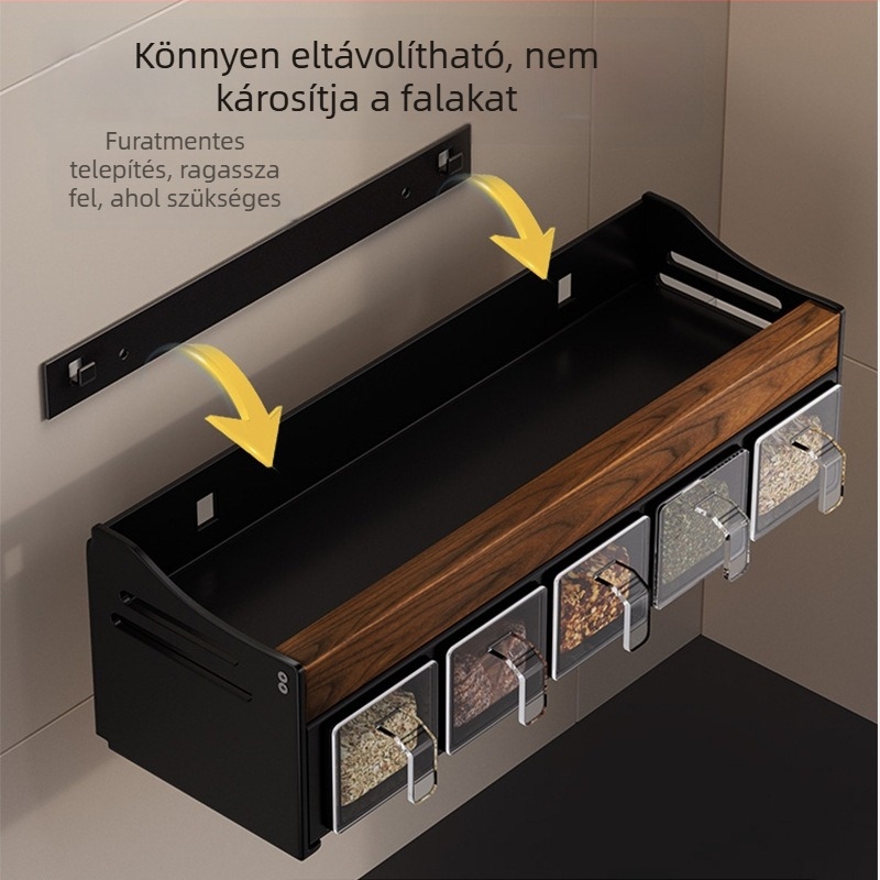Diófa konyhai falra szerelhető polc fűszerekhez, többfunkciós tárolóállvány, fúrás nélkül, levehető és könnyen tisztítható