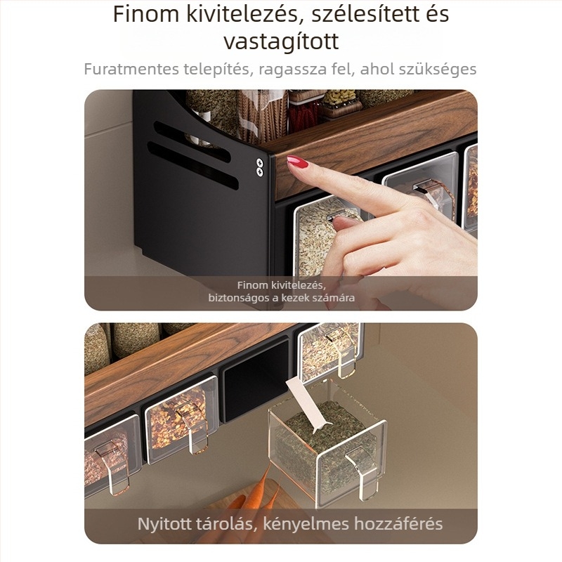 Diófa konyhai falra szerelhető polc fűszerekhez, többfunkciós tárolóállvány, fúrás nélkül, levehető és könnyen tisztítható