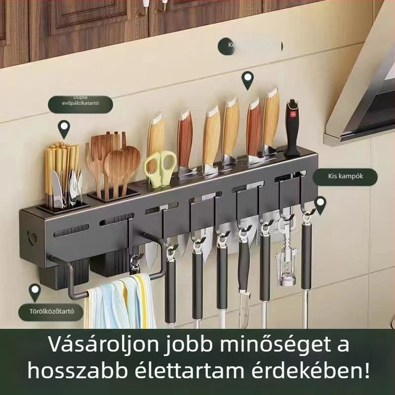 304 rozsdamentes acél falra szerelhető konyhai tároló – kés- és evőpálca tartóval, csepegtető, penészmentes, fúrás nélküli szerelés