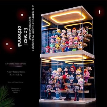 Átlátszó akril vitrín a blind box figurákhoz Bubble Mart – lépcsőzetes kijelző LED világítással és porvédő fedél