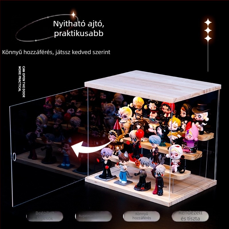 Átlátszó akril vitrín a blind box figurákhoz Bubble Mart – lépcsőzetes kijelző LED világítással és porvédő fedél