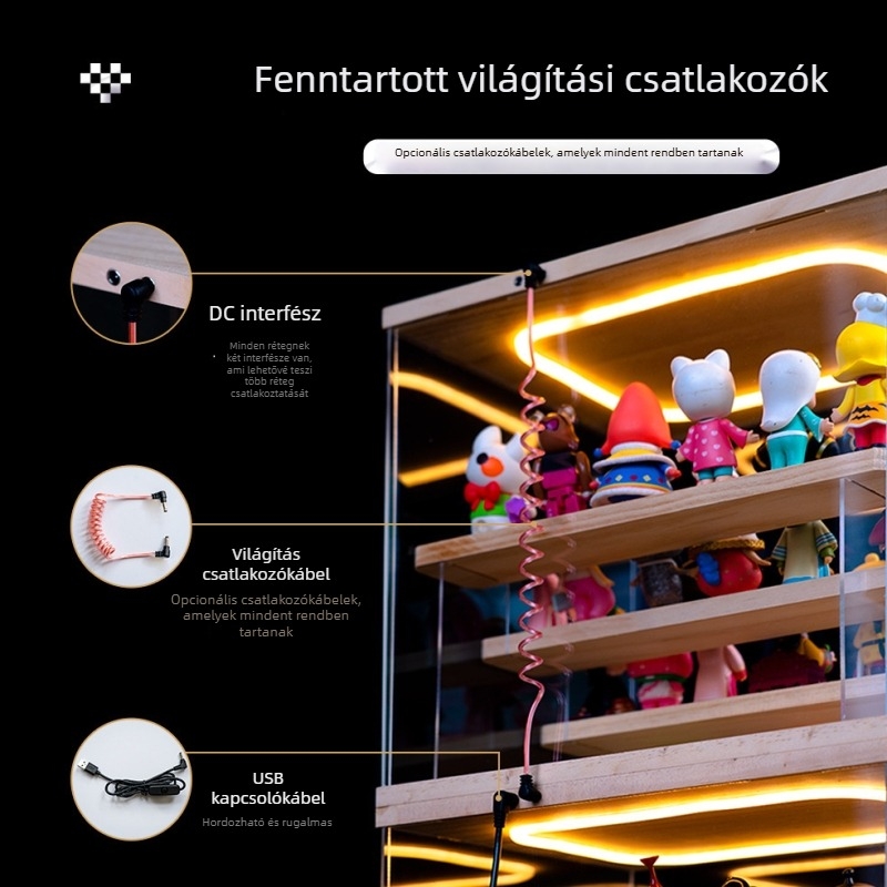 Átlátszó akril vitrín a blind box figurákhoz Bubble Mart – lépcsőzetes kijelző LED világítással és porvédő fedél