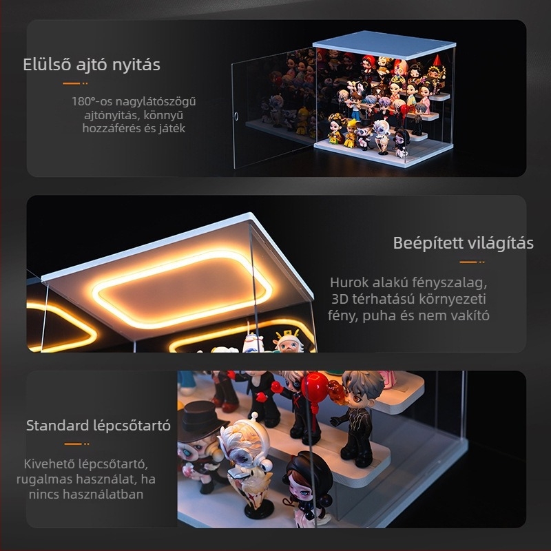 Akril tároló- és kijelző doboz Bubble Mart figurákhoz LED lépcsős kijelzővel és porvédő kupakkal