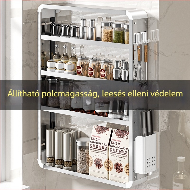 Rozsdamentes acél konyhai fűszertartó, falra szerelhető, fúrás nélkül, többszintes