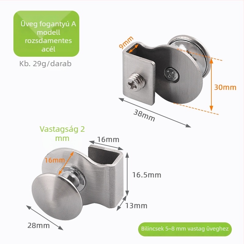 Üveg szekrényajtó fogantyú klipsz, 3–6 mm, cinkötvözet, fúrás nélkül