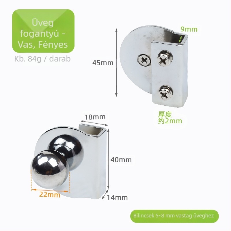 Üveg szekrényajtó fogantyú klipsz, 3–6 mm, cinkötvözet, fúrás nélkül