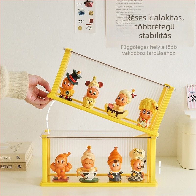 Akríl asztali figura tároló doboz, összecsukható, többszintű porvédett kiállítási állvány