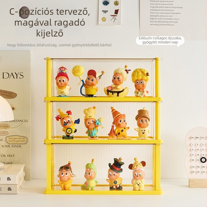 Akríl asztali figura tároló doboz, összecsukható, többszintű porvédett kiállítási állvány
