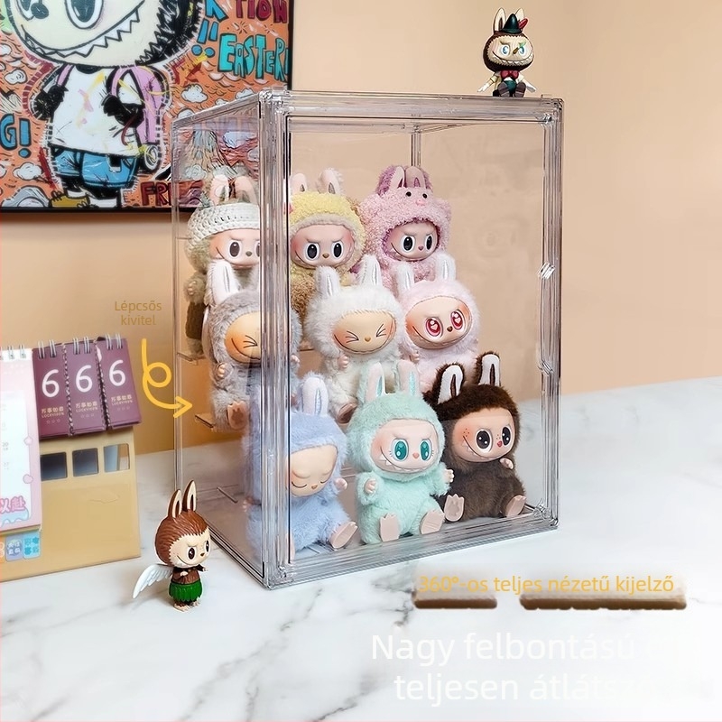 Labubu babák akril kiállító szekrénye porvédő fedéllel; tároló és kiállító doboz Bubble Mart figurákhoz