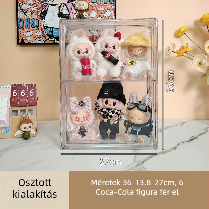 Labubu babák akril kiállító szekrénye porvédő fedéllel; tároló és kiállító doboz Bubble Mart figurákhoz