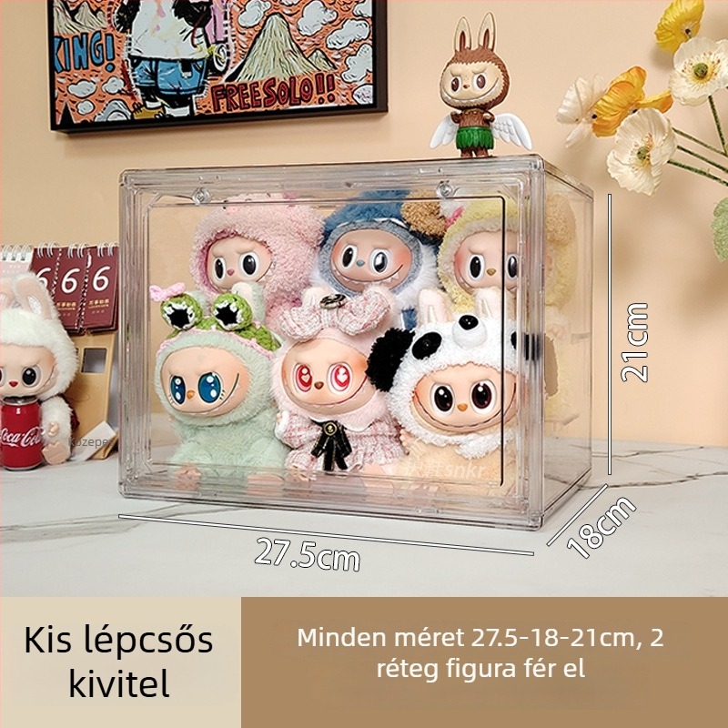 Labubu babák akril kiállító szekrénye porvédő fedéllel; tároló és kiállító doboz Bubble Mart figurákhoz
