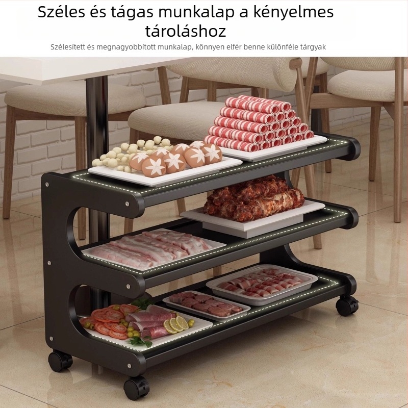 Könnyen mozgatható bambuszból készült tárolóállvány kerékkel hot pot és barbecue éttermek számára