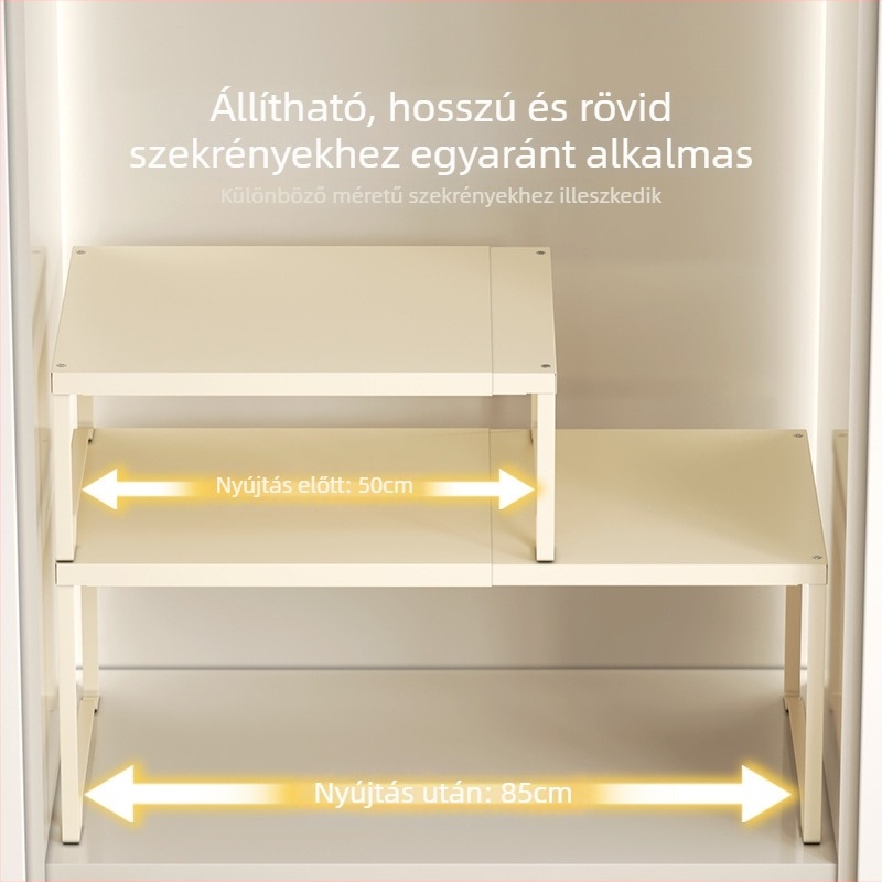 Gardrób rendező rétegelt elválasztóval, szénacél, fúrás nélküli telepítés, kihúzható tárolópolc
