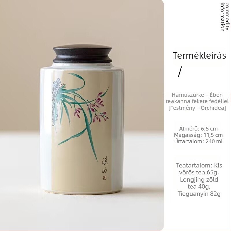 Kerámia hordozható mini teás doboz ebonfa fedéllel és motívumokkal: szilva, orchidea, bambusz és krizantéma; kompakt tea tároló doboz ajándékcsomagban.