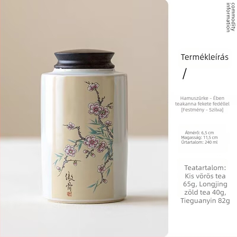 Kerámia hordozható mini teás doboz ebonfa fedéllel és motívumokkal: szilva, orchidea, bambusz és krizantéma; kompakt tea tároló doboz ajándékcsomagban.