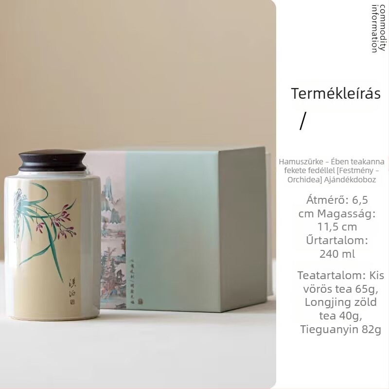 Kerámia hordozható mini teás doboz ebonfa fedéllel és motívumokkal: szilva, orchidea, bambusz és krizantéma; kompakt tea tároló doboz ajándékcsomagban.