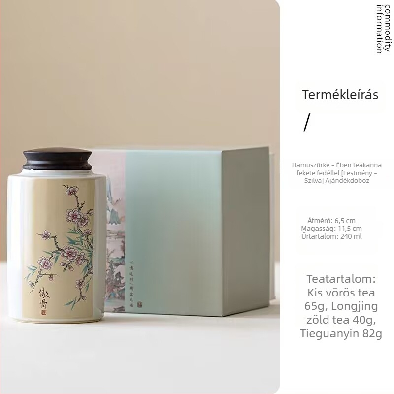 Kerámia hordozható mini teás doboz ebonfa fedéllel és motívumokkal: szilva, orchidea, bambusz és krizantéma; kompakt tea tároló doboz ajándékcsomagban.