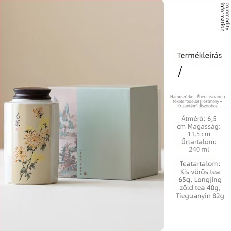Kerámia hordozható mini teás doboz ebonfa fedéllel és motívumokkal: szilva, orchidea, bambusz és krizantéma; kompakt tea tároló doboz ajándékcsomagban.