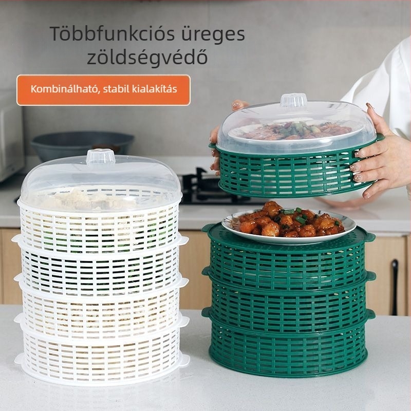 Lyukacsos ételfedő több rétegű maradéktárolóval, asztali fedő, por- és szúnyogvédelem, multifunkcionális.