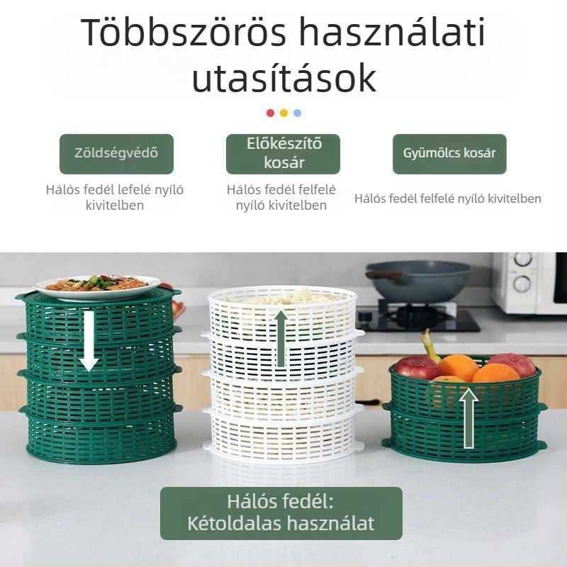 Lyukacsos ételfedő több rétegű maradéktárolóval, asztali fedő, por- és szúnyogvédelem, multifunkcionális.