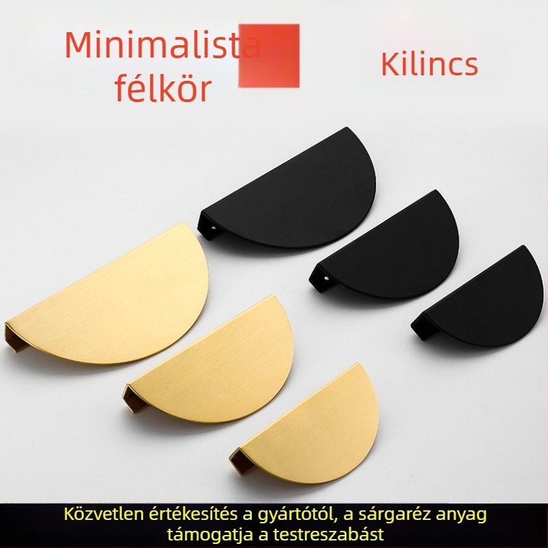 Sárgaréz félkör alakú húzófogantyú szekrényajtókhoz és gardróbokhoz; fekete kör alakú bútorfogantyú