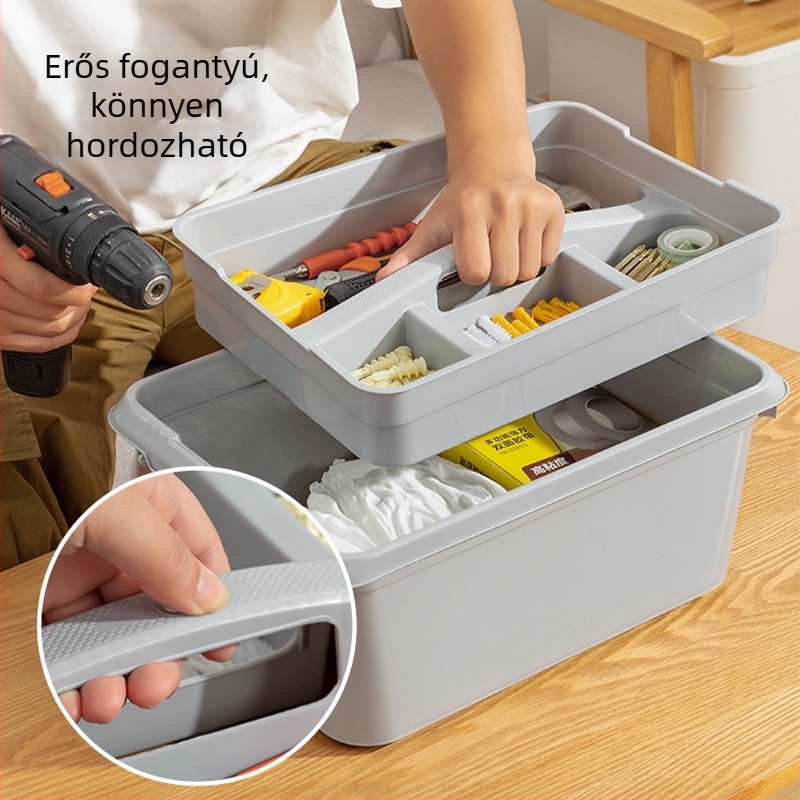 Két szintes műanyag tároló rekeszekkel és fedéllel, átlátszó, hordozható kozmetikumok, gyógyszerek és játékok számára