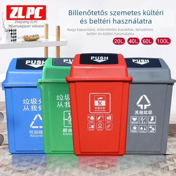 Négyzet alakú, nagy méretű kültéri műanyag szelektív kuka lengő fedéllel, 60 L, iskolák, bevásárlóközpontok és otthoni használatra
