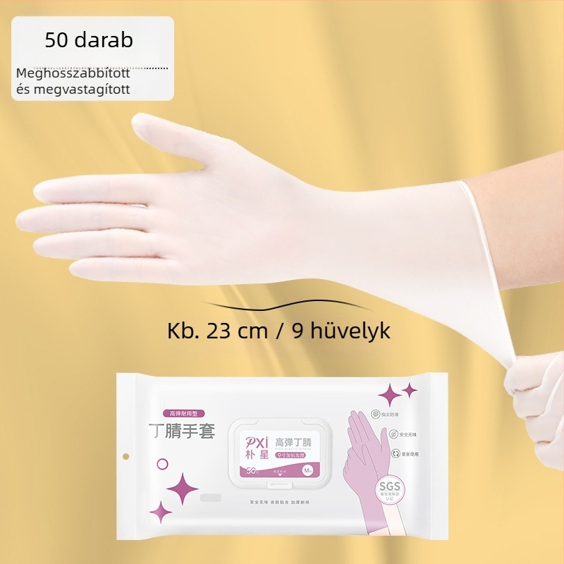 Élelmiszer-biztonsági nitril kesztyűk, egyszer használatosak, hosszított és megvastagodott kivitel, konyhai tisztításhoz és házimunkákhoz, tartósak és vízállóak, kényelmesen illeszkednek.