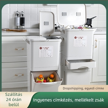 Konyhai szemetes fedéllel, száraz–nedves elválasztással, nagy kapacitású, kétszintes kialakítás, lábpedál, japán stílus