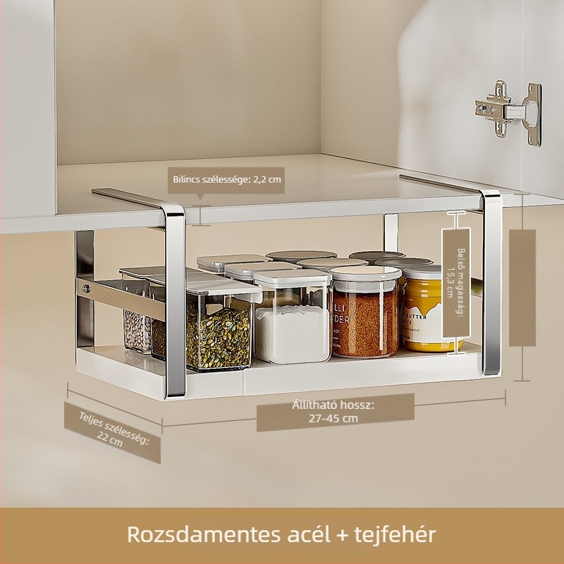 Kihúzható konyhai tárolóállvány rétegezett fűszer rendezővel és szekrény alatti függő kosárral