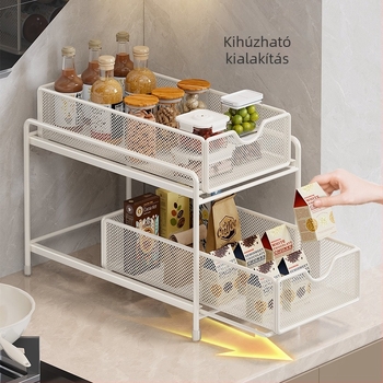 Konyhai kihúzható tároló, fiókos fűszeres rendező, kihúzható szekrénykosár, mosogató alatti többszintű polc, edények tároló doboz