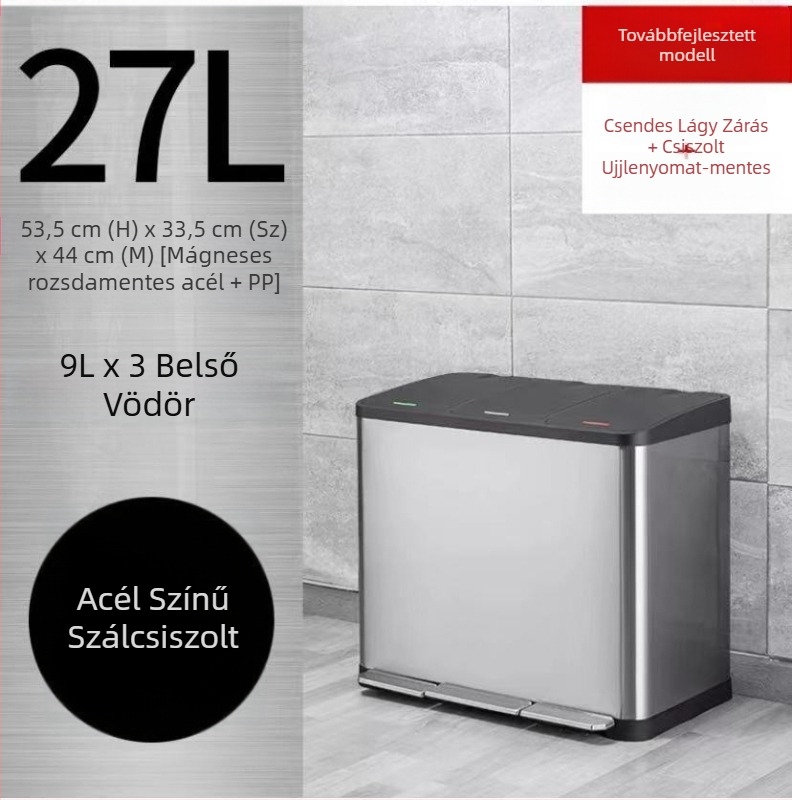 Nagy kapacitású rozsdamentes acél négyszögletes szemetes, fedéllel, lábpedállal, otthonra, iskolába és irodába