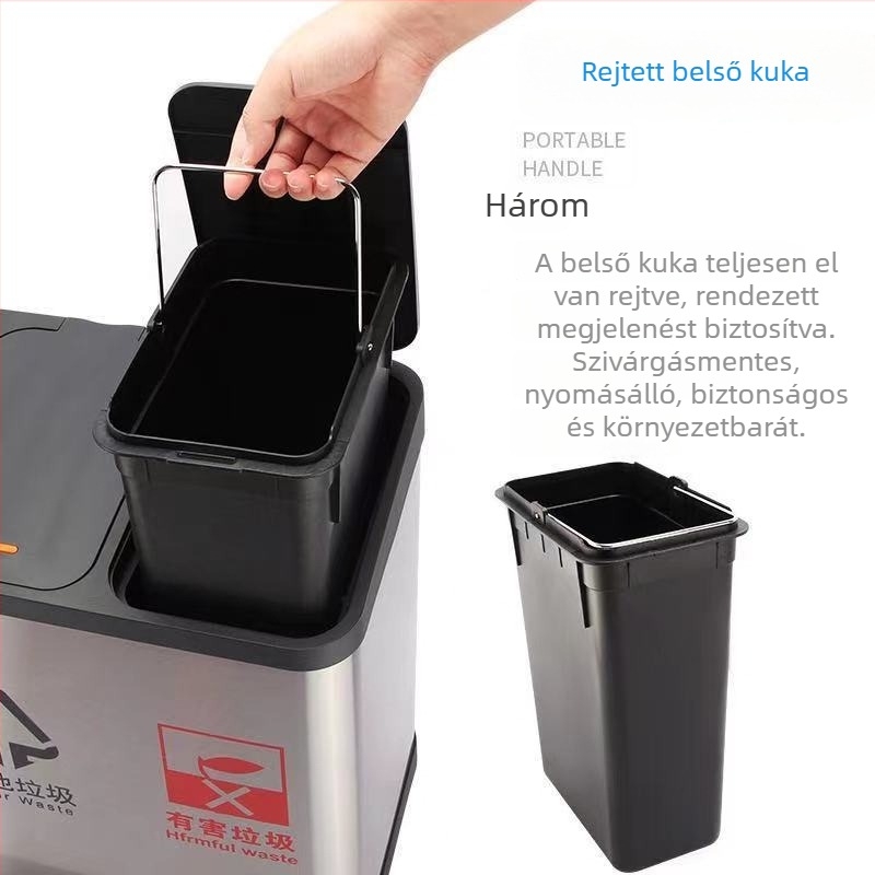 Nagy kapacitású rozsdamentes acél négyszögletes szemetes, fedéllel, lábpedállal, otthonra, iskolába és irodába