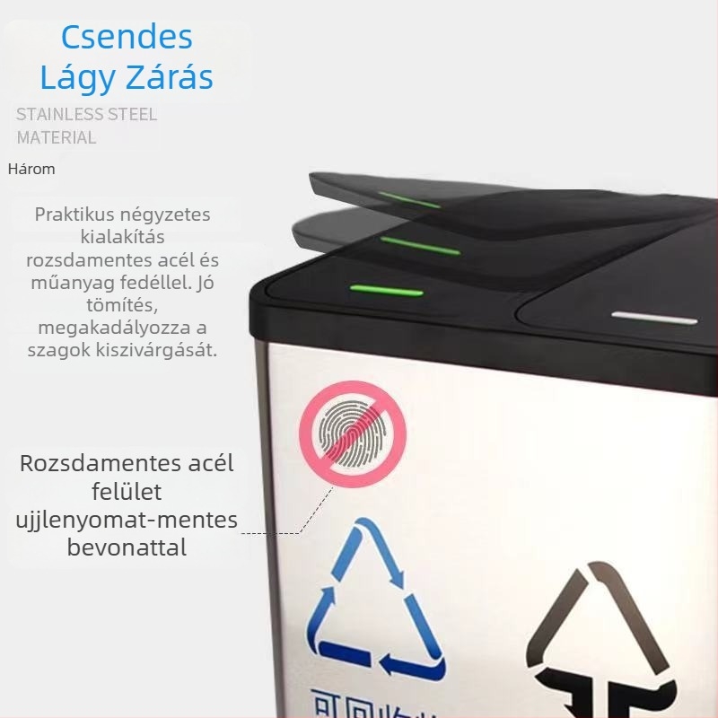 Nagy kapacitású rozsdamentes acél négyszögletes szemetes, fedéllel, lábpedállal, otthonra, iskolába és irodába