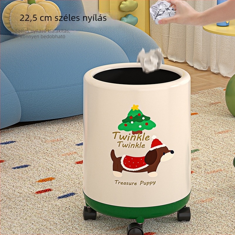 Dachshund motívumos műanyag szemetes, 12 L, hordó alakú, fedéllel, nappaliba és hálószobába, elegáns dizájn