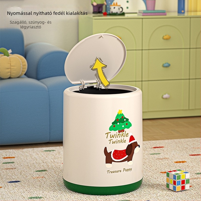 Dachshund motívumos műanyag szemetes, 12 L, hordó alakú, fedéllel, nappaliba és hálószobába, elegáns dizájn