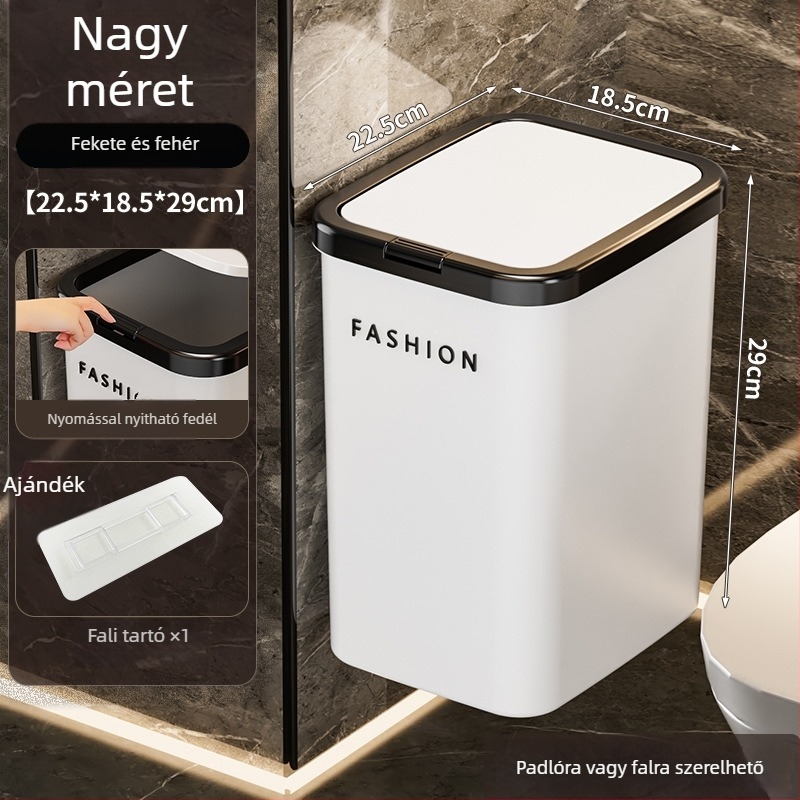 Fali szemetes nyomógombos fedéllel, négyszögletes, műanyag, 12 L vagy nagyobb, otthoni használatra (nappali, hálószoba, fürdőszoba)