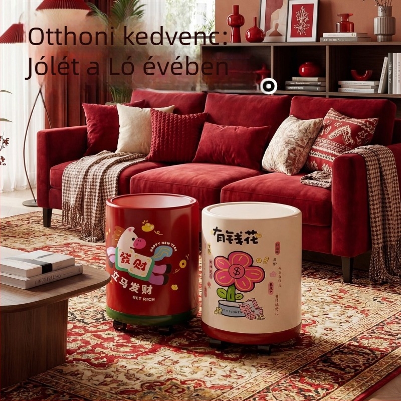 Kerekekkel ellátott otthoni szemetes, ló éve dizájn, fedél, 8 literes, nappali és hálószoba számára