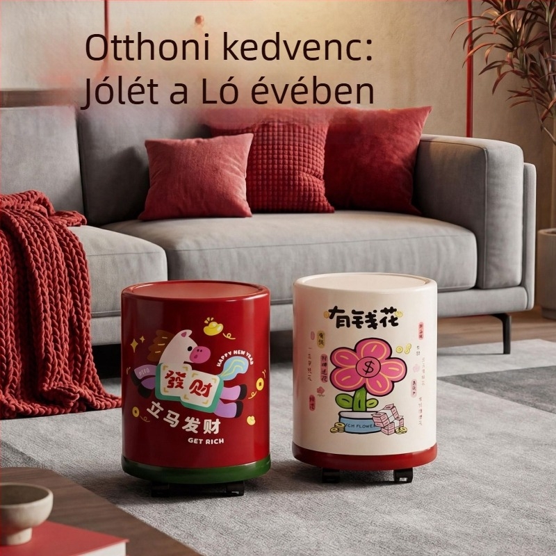 Kerekekkel ellátott otthoni szemetes, ló éve dizájn, fedél, 8 literes, nappali és hálószoba számára