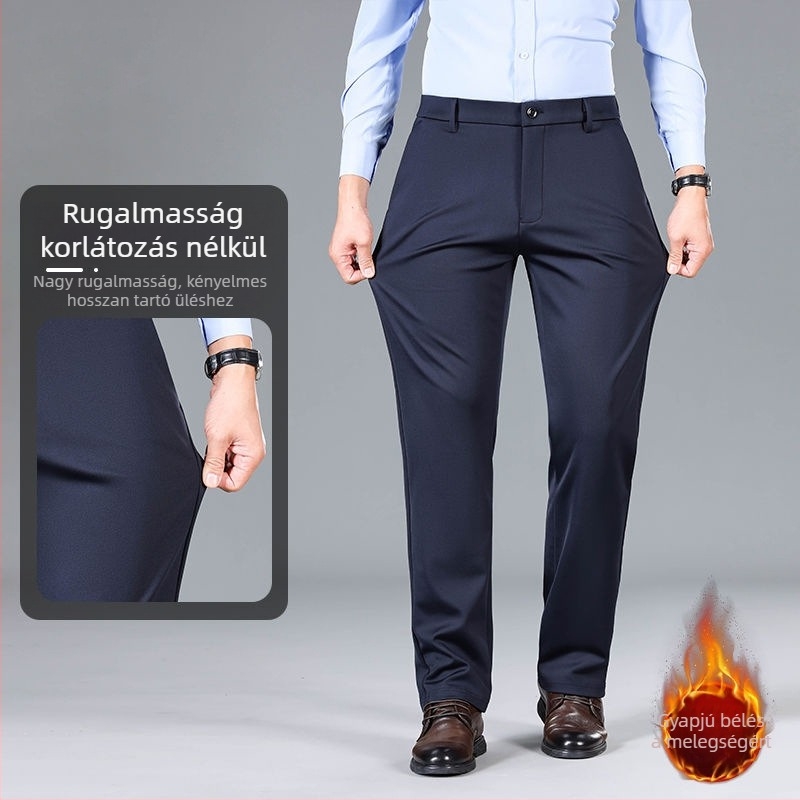 Férfi szabadidőnadrág téli, vastag fleece belsővel, elasztikus, egyenes szabás, magas derék, klasszikus stílus
