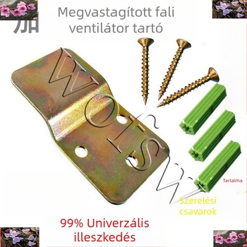 Fali elektromos ventilátorhoz szerelő készlet: fallemez, kampó és vas alkatrészek.